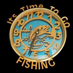 Wood Fishing Wall Clock Fish Design Quartz Takane USA Works